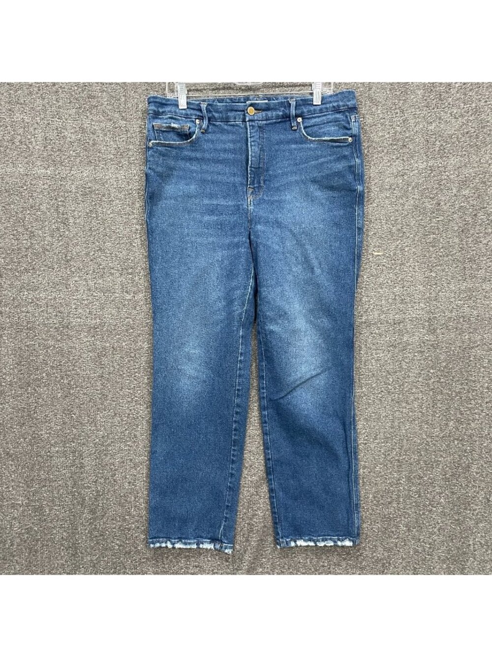 Good American Jeans Womens 14/32 Blue Straight Leg Raw Frayed Hem High Waisted
